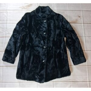 Sears Fashions Vintage 1970s Faux Fur Swing Coat Size 14 Black Notched Collar